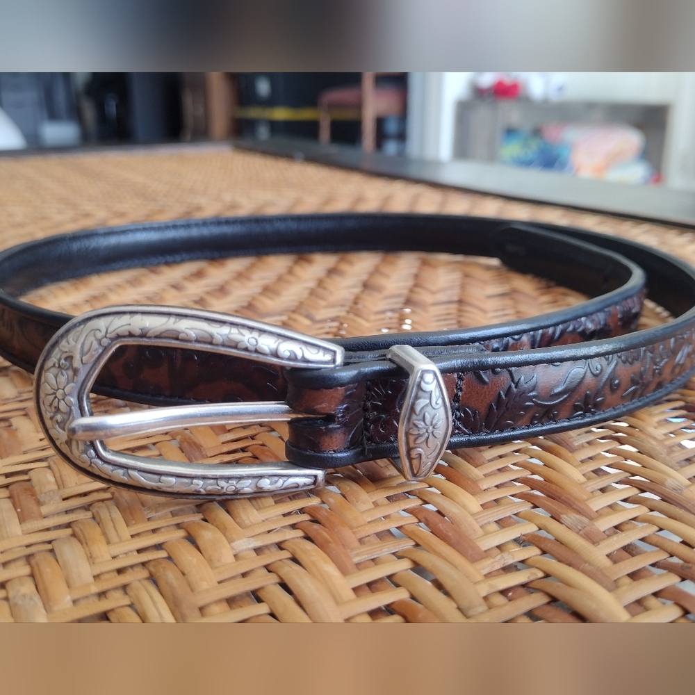 Brighton Brown Tooled Leather Belt with Silver-Tone Floral Buckle